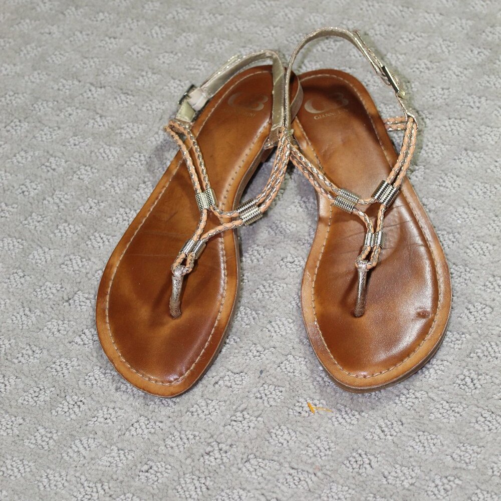 Gianni Bini Women's Sz 8 Metallic Silver and Tan Braided Flat Sandals